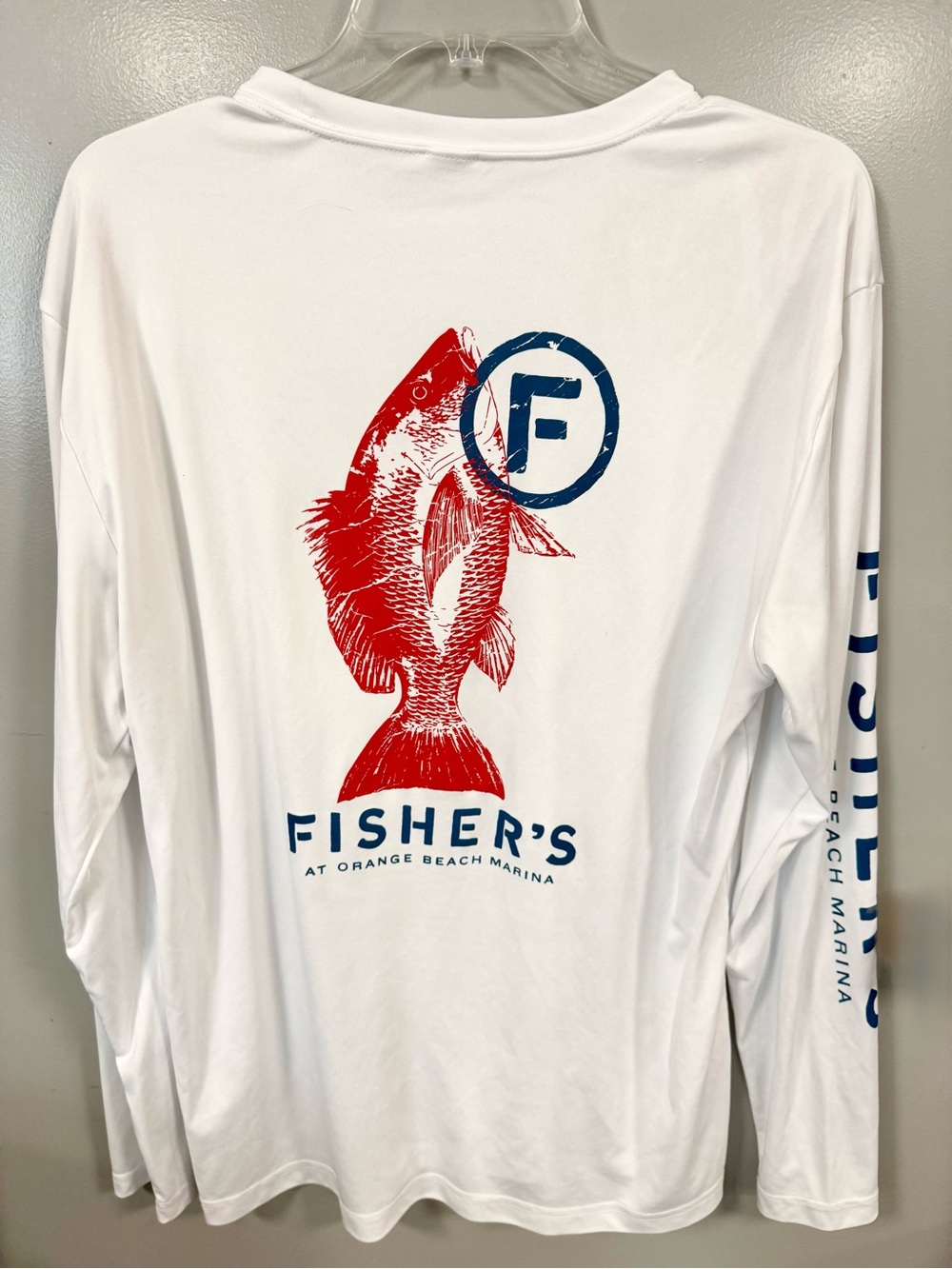 White Long-Sleeve Fishing Shirt with Red Fish Graphic-Large